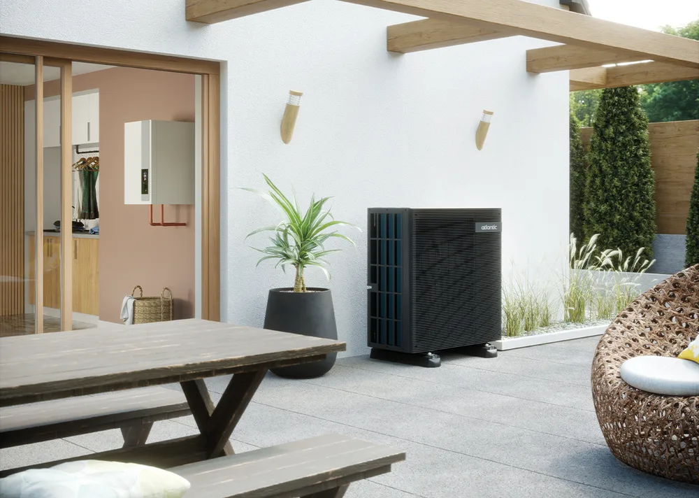 Alfea air-to-water heat pump — the outdoor unit that carries a whole villa's heating.