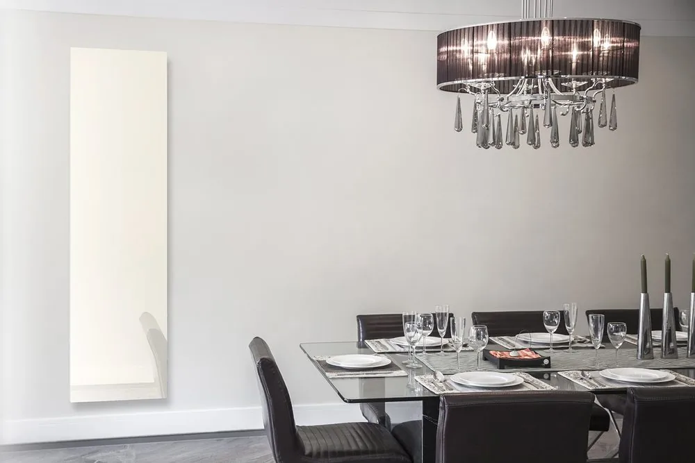 A white glass panel in a formal dining room — the case where a visible radiator would undo the interior.