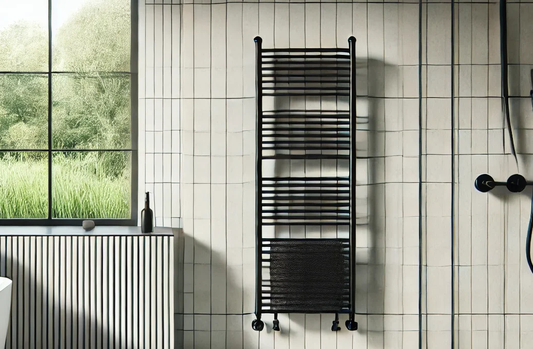 DALL·E 2024 10 17 22.13.26 A modern bathroom with a black towel radiator attached to a tiled wall. The scene is expanded to landscape ratio showing a minimalistic interior with e1729192532518